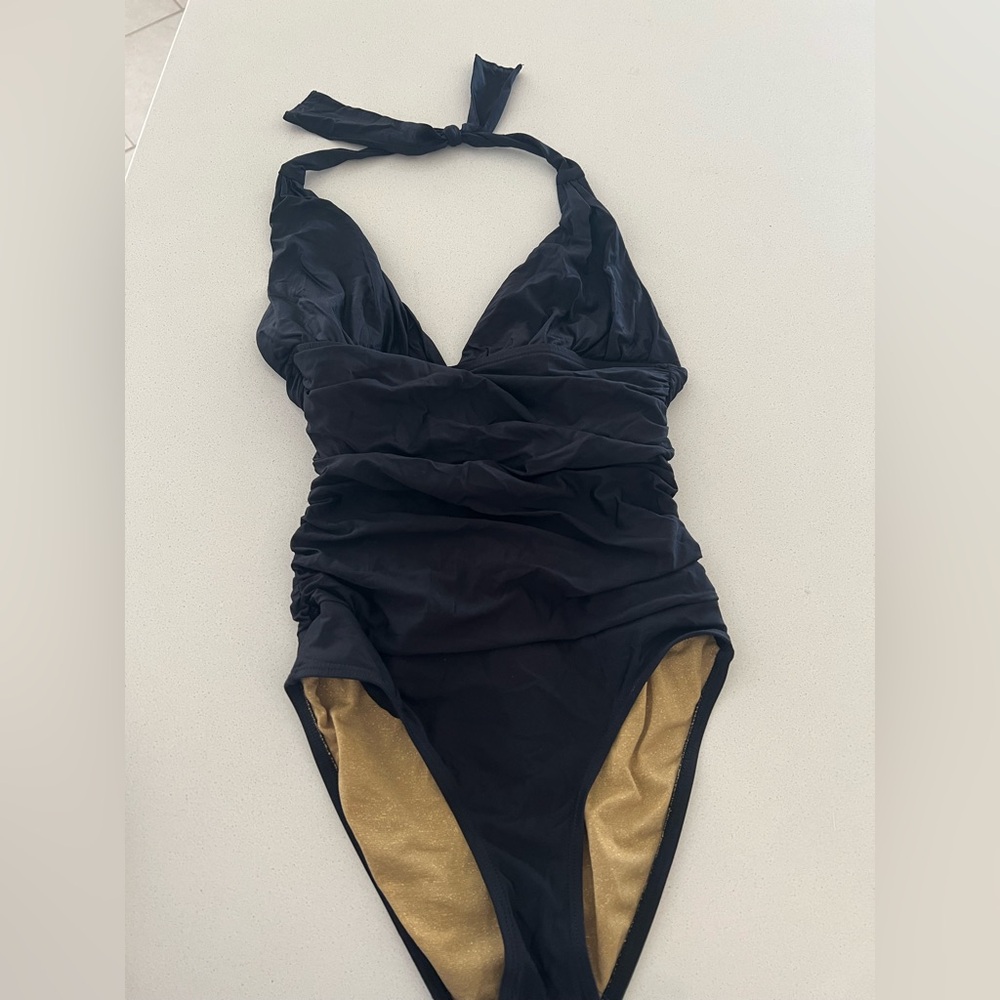 Athena black v neck one piece with ruching
